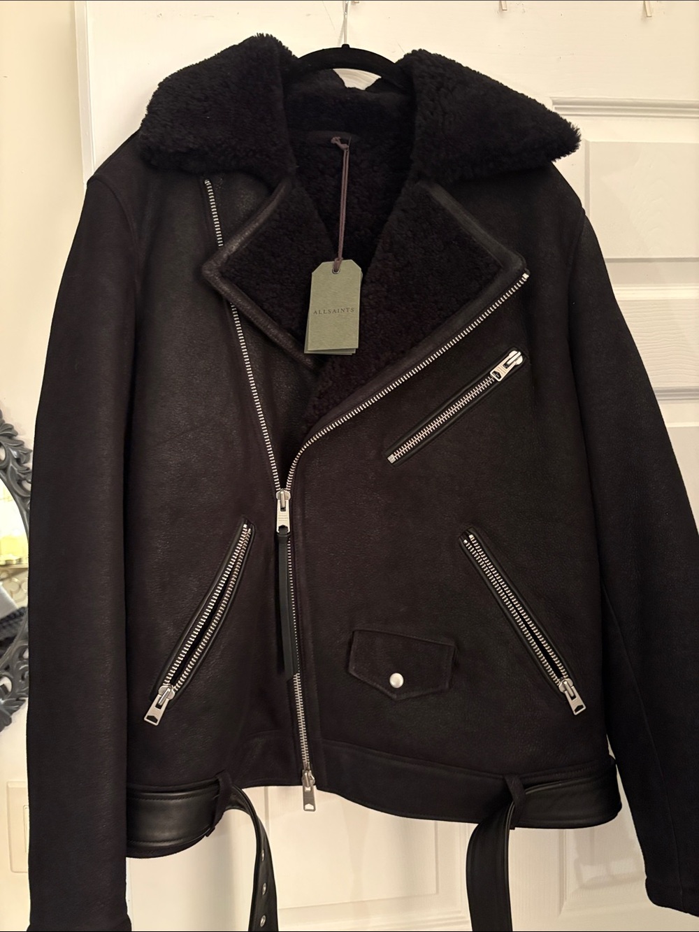 AllSaints Black Shearling Trim Biker Jacket